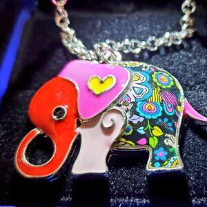 Handpainted Enamel Elephant, Necklace - Pink Ears